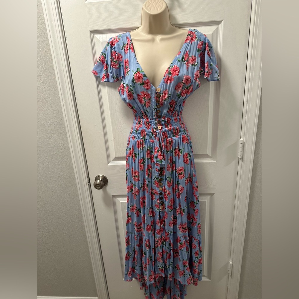 Tiare Hawaii Red and Pink Pleated Maxi Dress with Flutter Sleeves